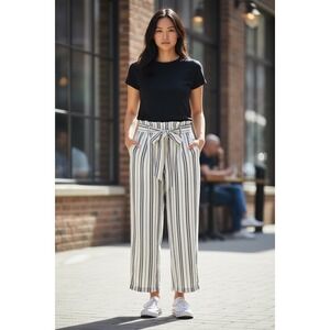 Zac & Rachel Navy Striped Linen‎ Blend Paperbag Waist Crop Pants Large ZR81R05J7